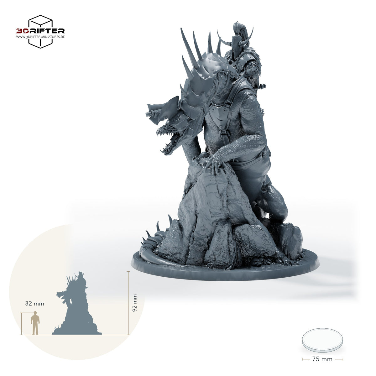 Gepanzerter Bestienreiter mit Streitaxt, Fantasy Kavallerist auf gepanzertem Reitmonster, Iron Scale Ravager – B: Größenvergleich, ca. 92 mm Gesamthöhe inklusive Base und höchstem Teil, mit 32-mm-Referenzfigur.