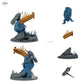 Gepanzerter Bestienreiter mit Streitaxt, Fantasy Kavallerist auf gepanzertem Reitmonster, Iron Scale Ravager – C: Bauteilübersicht mit Vorder- und Rückansicht sowie 4 farblich markierten Einzelteilen.