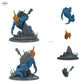 Gepanzerter Bestienreiter mit Streitaxt, Fantasy Kavallerist auf gepanzertem Reitmonster, Iron Scale Ravager – E: Bauteilübersicht mit Vorder- und Rückansicht sowie 4 farblich markierten Einzelteilen.
