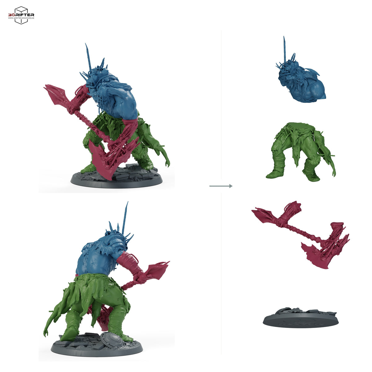 Dread Balthazar, muskulöser Berserker mit Streitaxt und Schädel-Trophäen: Bauteilübersicht mit Vorder- und Rückansicht sowie 4 farblich markierten Einzelteilen.