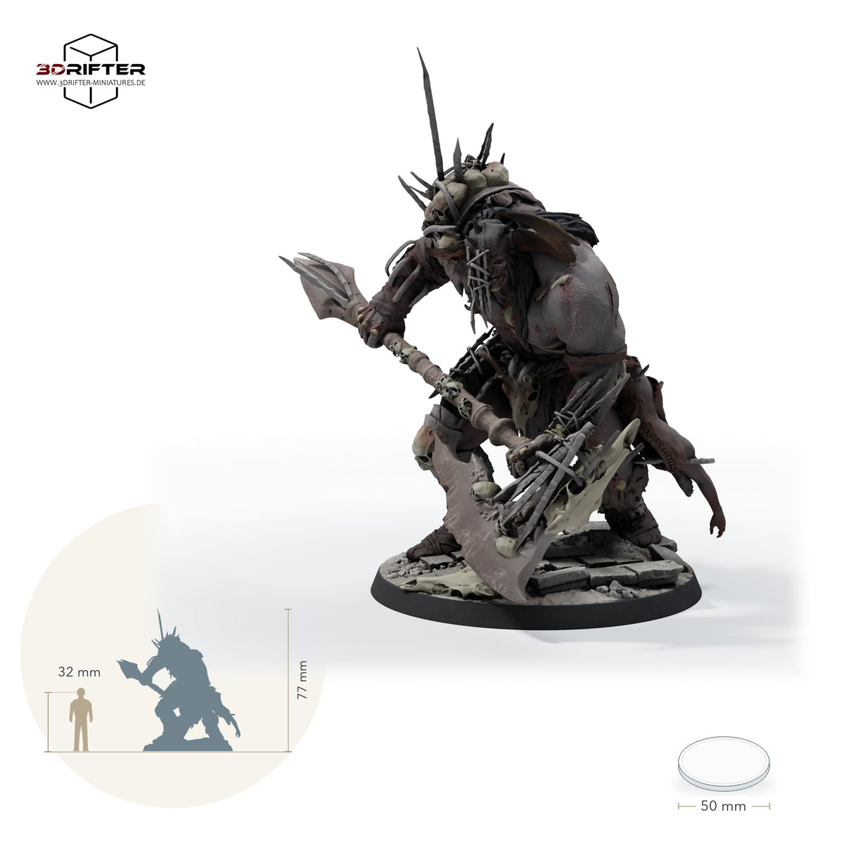 Dread Balthazar, muskulöser Berserker mit Streitaxt und Schädel-Trophäen: Größenvergleich, ca. 77 mm Gesamthöhe inklusive Base und höchstem Teil, mit 32-mm-Referenzfigur.