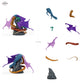 Erwachsener Geisterdrache, geflügeltes Drachenmonster mit Totenkopf und Schatzbase: Bauteilübersicht mit Vorder- und Rückansicht sowie 9 farblich markierten Einzelteilen.