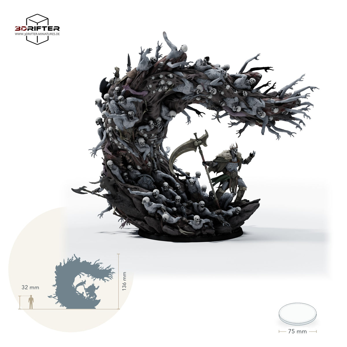 Graveyard Revenant, untoter Fürst mit Sense und Geisterhorde: Größenvergleich, ca. 136 mm Gesamthöhe inklusive Base und höchstem Teil, mit 32-mm-Referenzfigur.