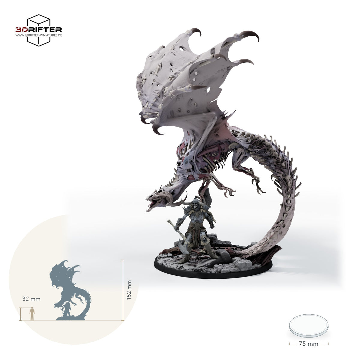 Roter Dracolich, untoter Skelettdrache im Angriff mit Axtkrieger, Drachenmonster, Fantasy Figur (Red Dracolich Attack): Größenvergleich, ca. 152 mm Gesamthöhe inklusive Base und höchstem Teil, mit 32-mm-Referenzfigur.