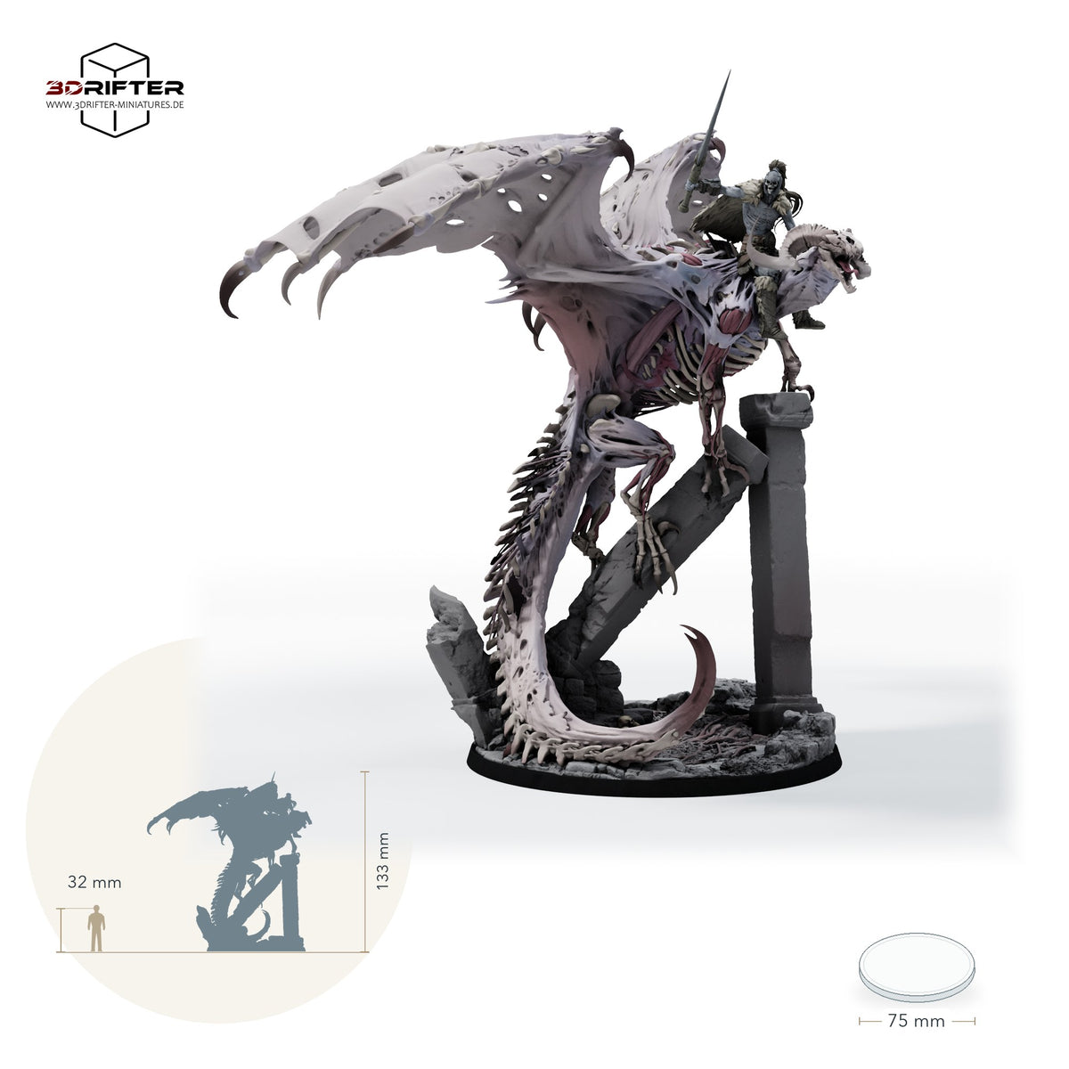 Roter Dracolich – beritten – fünf Posen – E2 – Schrei: Größenvergleich, ca. 133 mm Gesamthöhe inklusive Base und höchstem Teil, mit 32-mm-Referenzfigur.