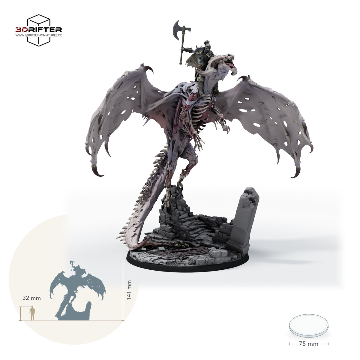 Roter Dracolich – beritten – fünf Posen – E3 – Flug: Größenvergleich, ca. 141 mm Gesamthöhe inklusive Base und höchstem Teil, mit 32-mm-Referenzfigur.