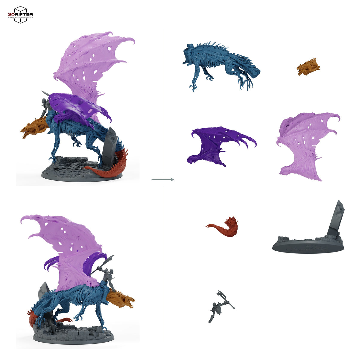 Roter Dracolich – beritten – fünf Posen – E4 – Schleichend: Bauteilübersicht mit Vorder- und Rückansicht sowie 7 farblich markierten Einzelteilen.