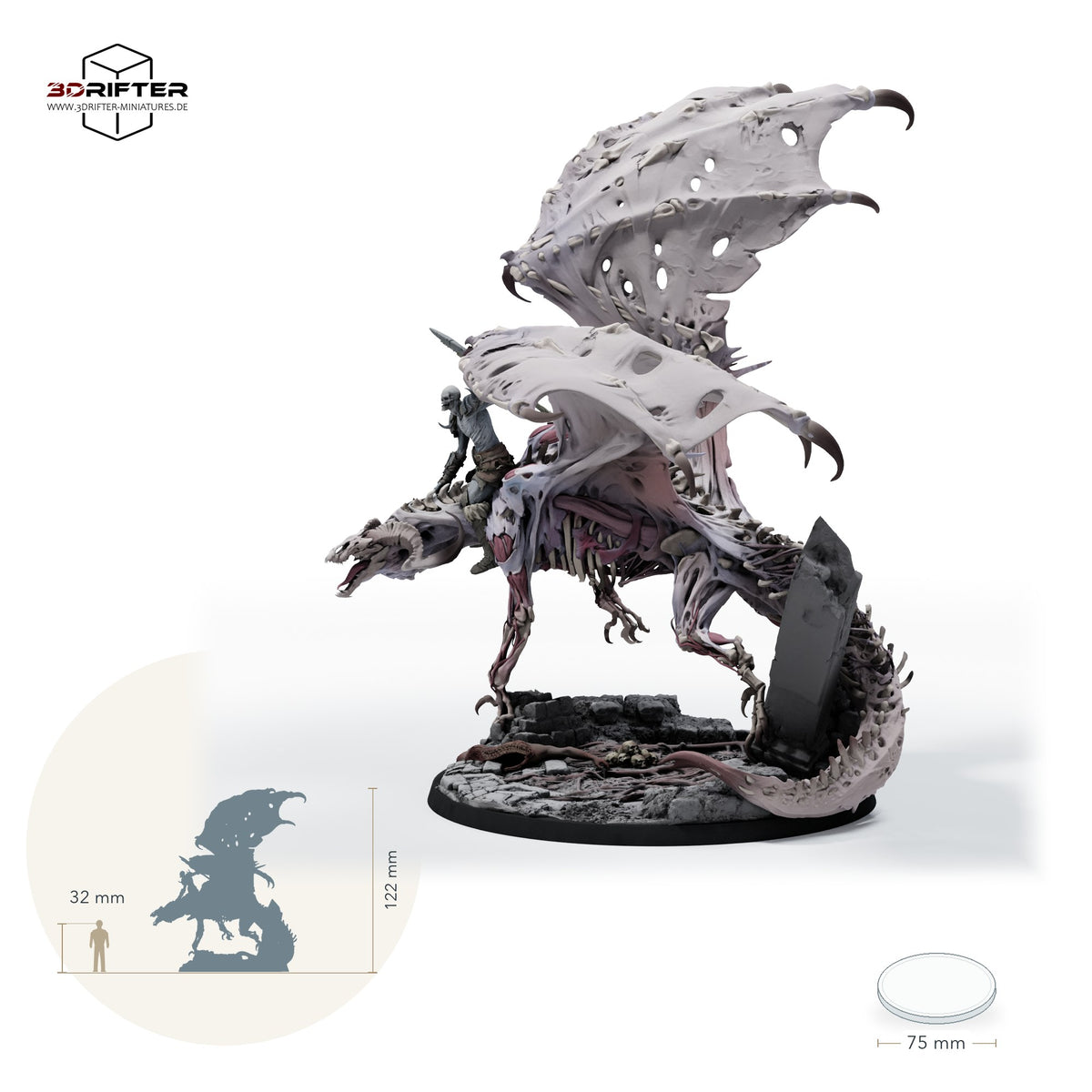Roter Dracolich – beritten – fünf Posen – E4 – Schleichend: Größenvergleich, ca. 122 mm Gesamthöhe inklusive Base und höchstem Teil, mit 32-mm-Referenzfigur.