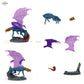 Roter Dracolich – unberitten – fünf Posen – E4 – Schleichend: Bauteilübersicht mit Vorder- und Rückansicht sowie 6 farblich markierten Einzelteilen.