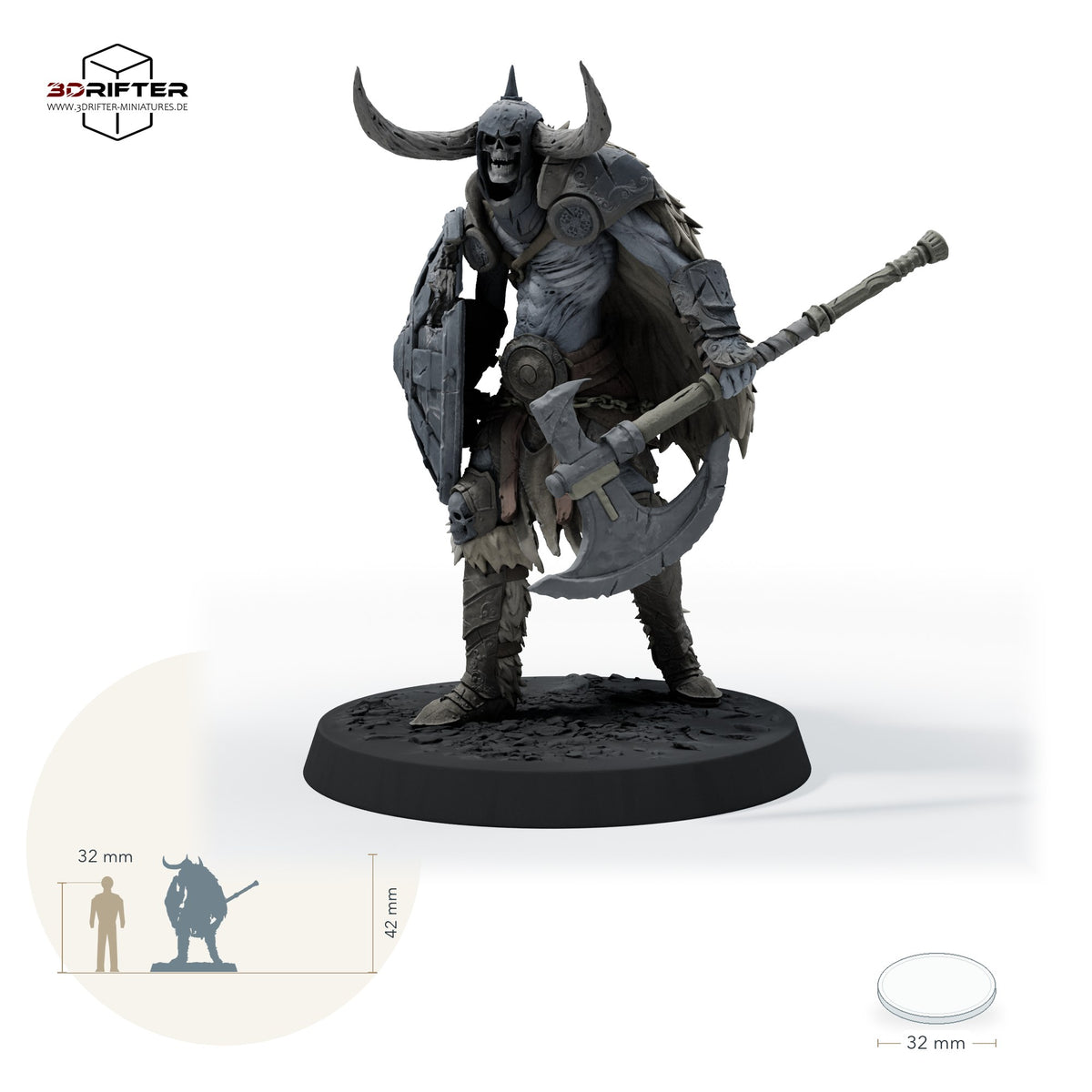 Untoter Krieger mit Axt und Schild – Gehend: Größenvergleich, ca. 42 mm Gesamthöhe inklusive Base und höchstem Teil, mit 32-mm-Referenzfigur.