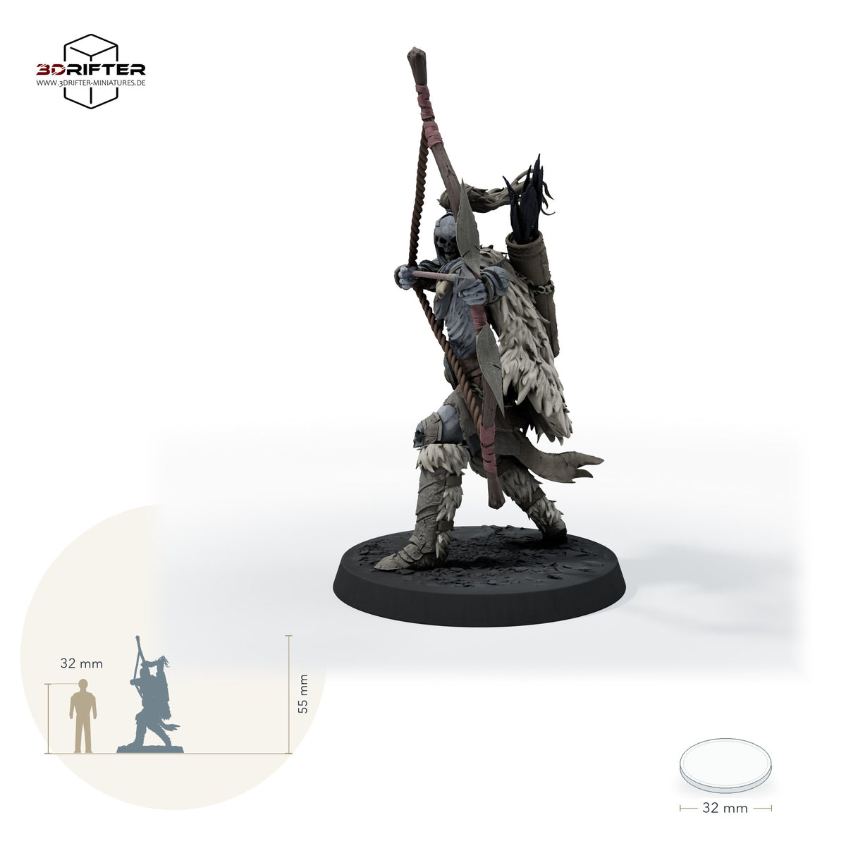 Untoter Wiedergänger-Krieger mit Bogen, Skelett-Bogenschütze in Schusspose: Größenvergleich, ca. 55 mm Gesamthöhe inklusive Base und höchstem Teil, mit 32-mm-Referenzfigur.