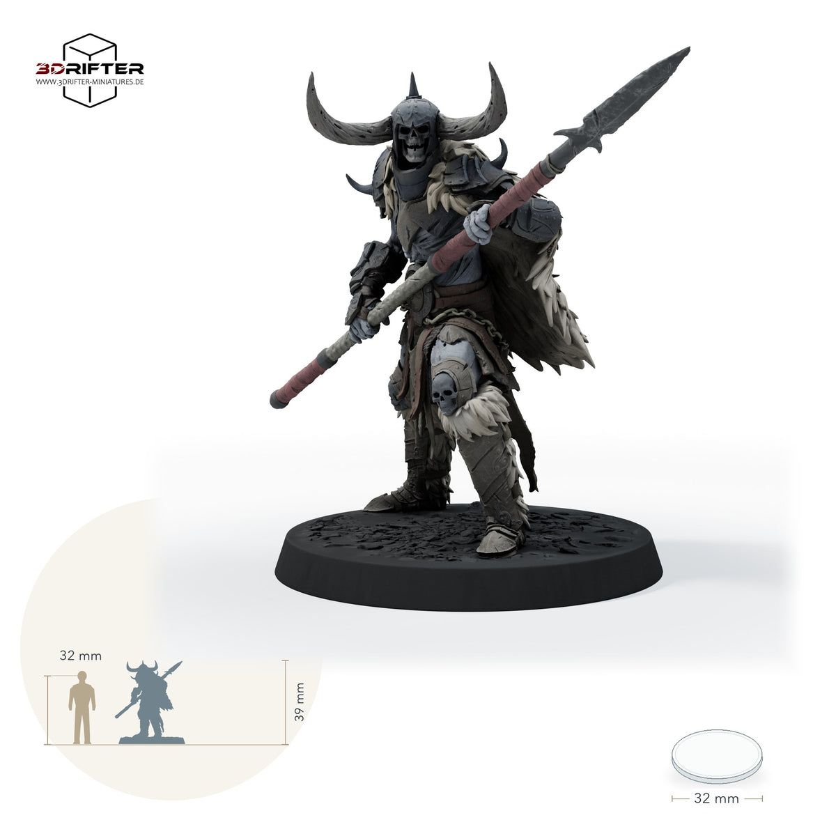 Untoter Krieger mit Speer – Angreifend: Größenvergleich, ca. 39 mm Gesamthöhe inklusive Base und höchstem Teil, mit 32-mm-Referenzfigur.