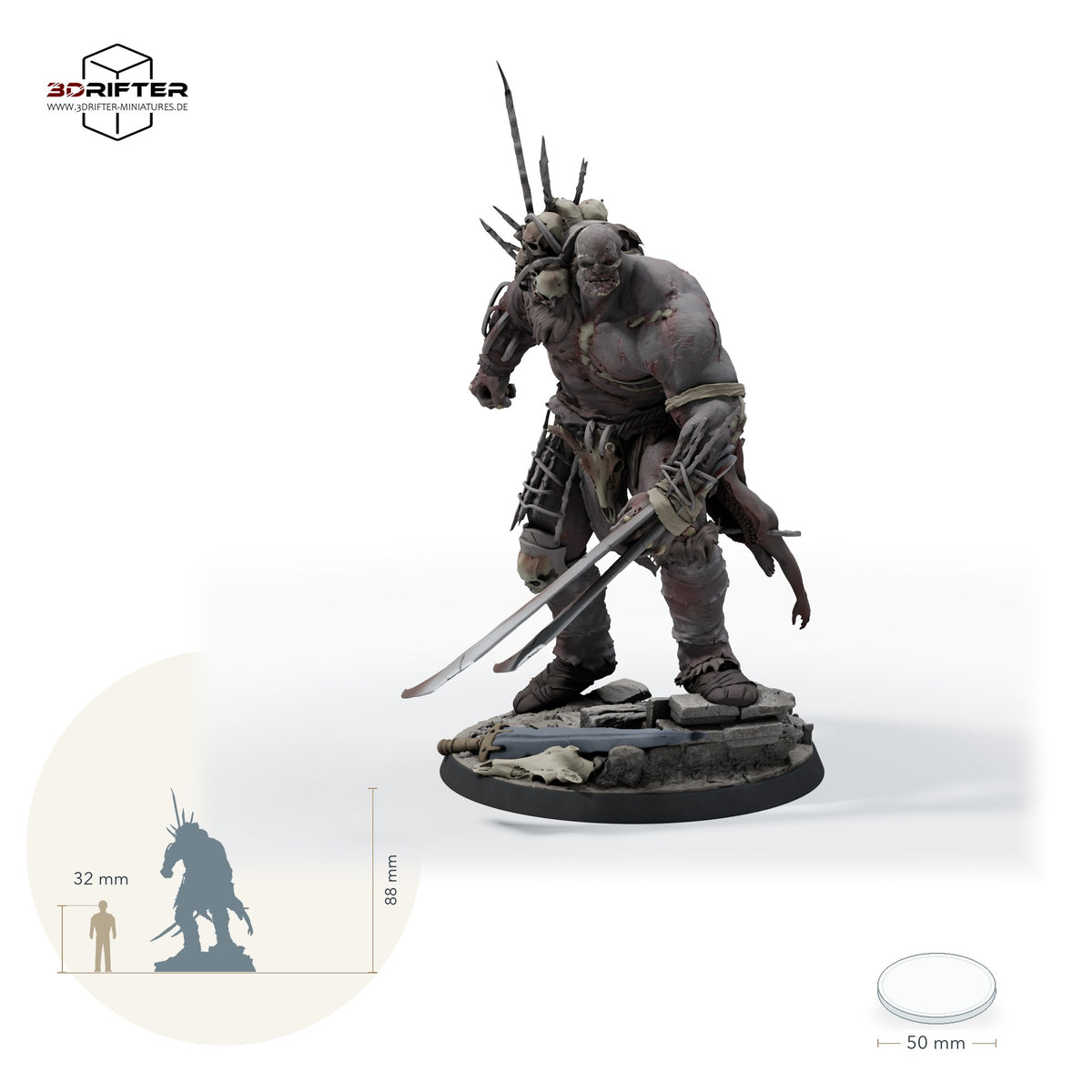 Stitchfiend, monströser Nahkämpfer und Fleischkonstrukt mit Klauenwaffe: Größenvergleich, ca. 88 mm Gesamthöhe inklusive Base und höchstem Teil, mit 32-mm-Referenzfigur.