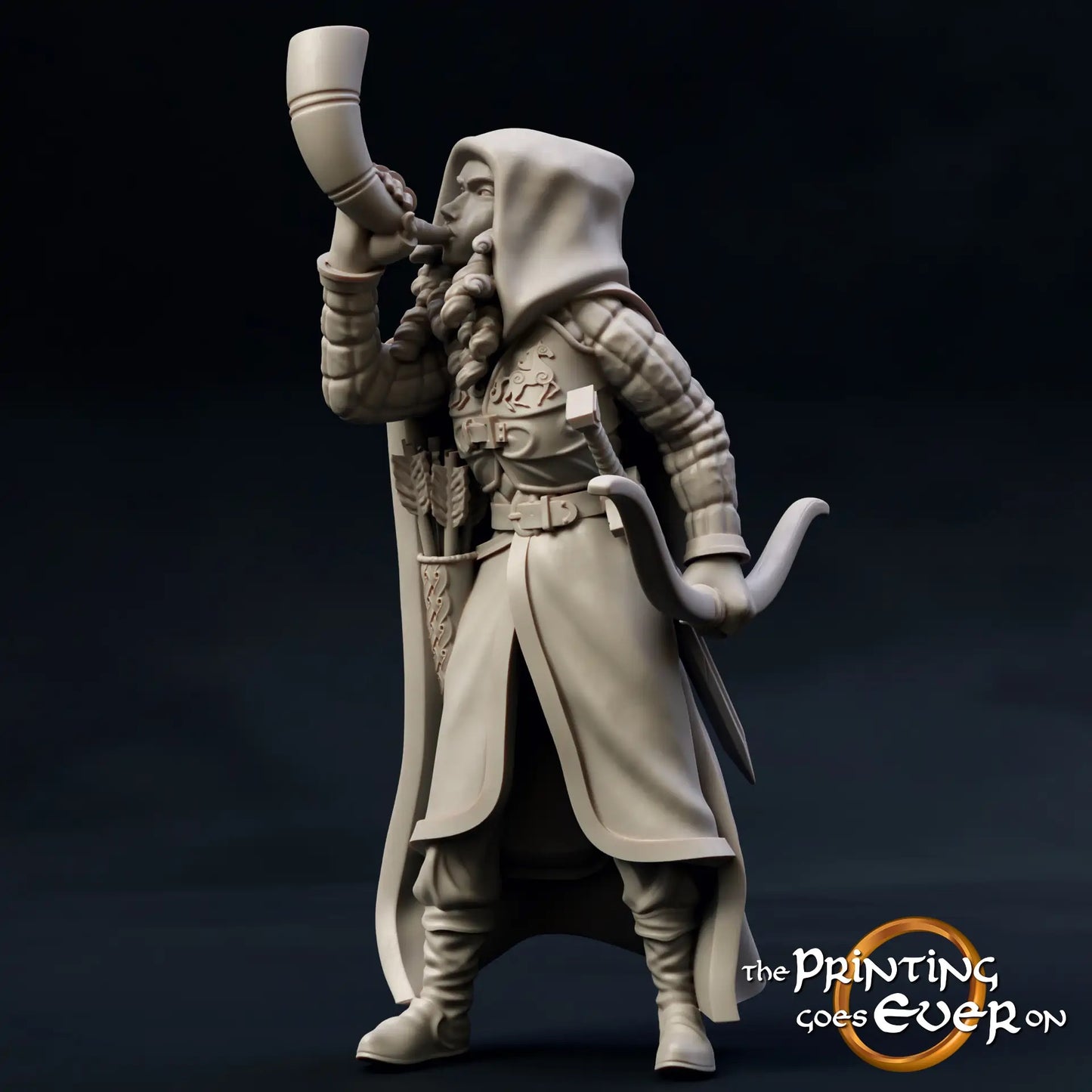 Product photo medieval historical figure 75mm Scale The Printing Goes Ever On (TPGEO) 0: Medieval knight figures scout with horn and bow - 75mm models - warriors of the mark