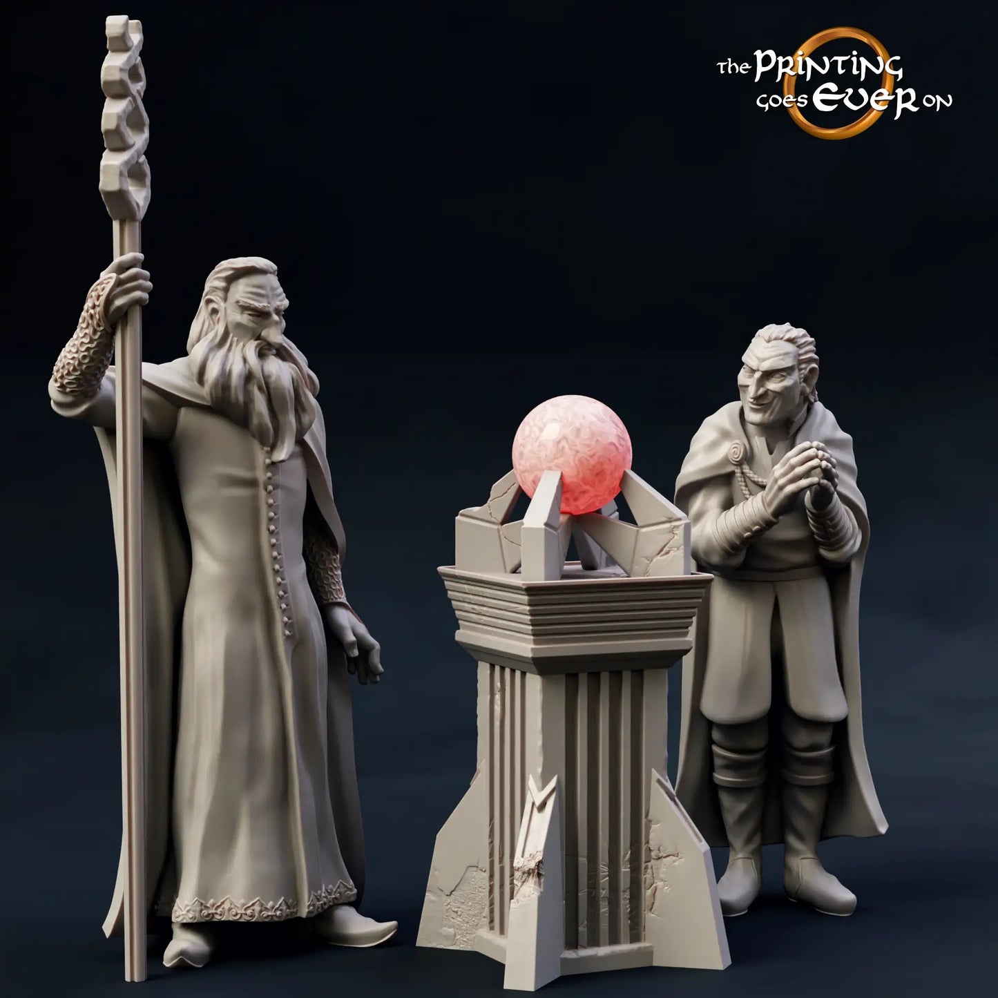 Product photo Tabletop 28mm The Printing Goes Ever On (TPGEO) 0: White Wizard with Servant: Evil Mage with Spell Orb Artifact