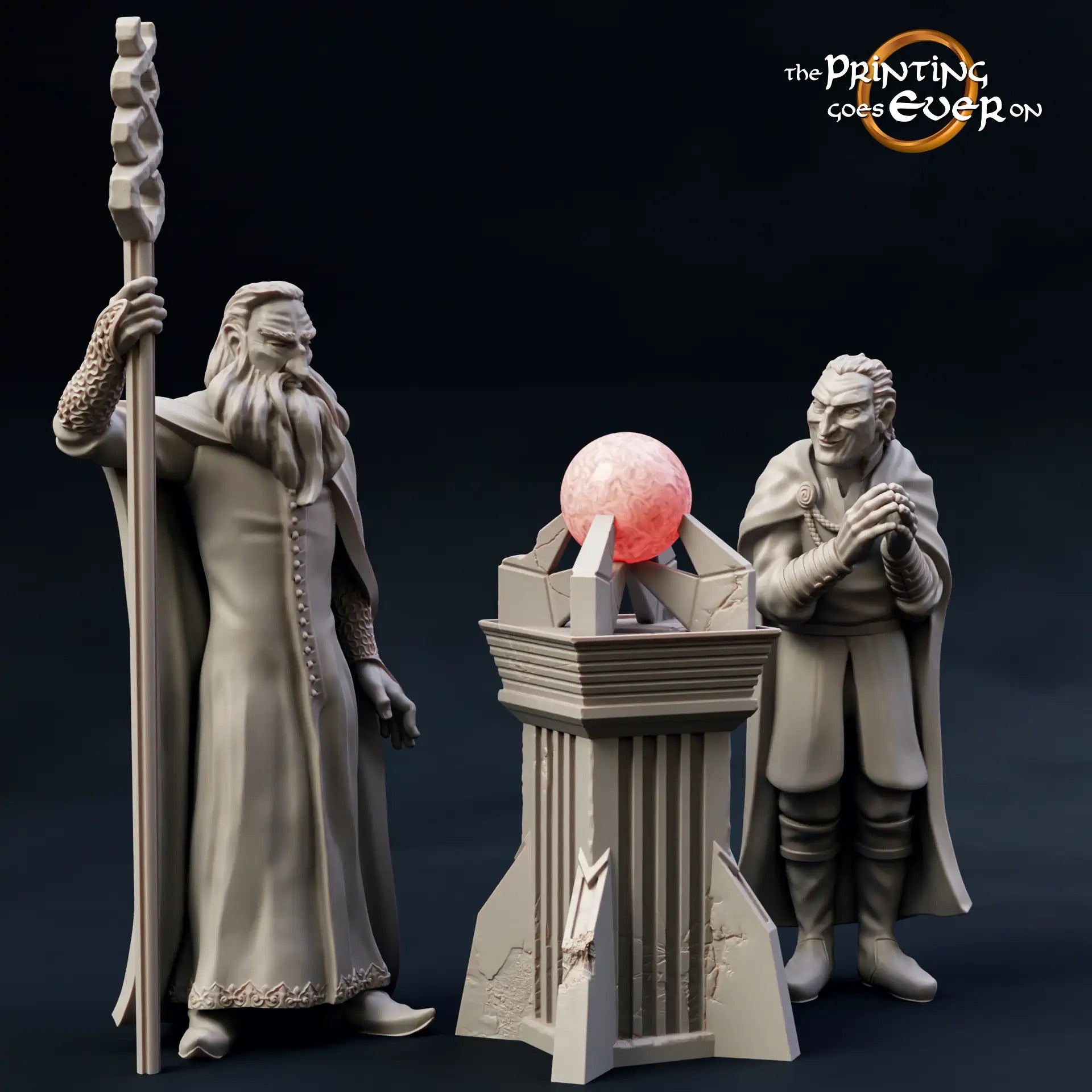 Product photo Tabletop 28mm The Printing Goes Ever On (TPGEO) 0: White Wizard with Servant: Evil Mage with Spell Orb Artifact