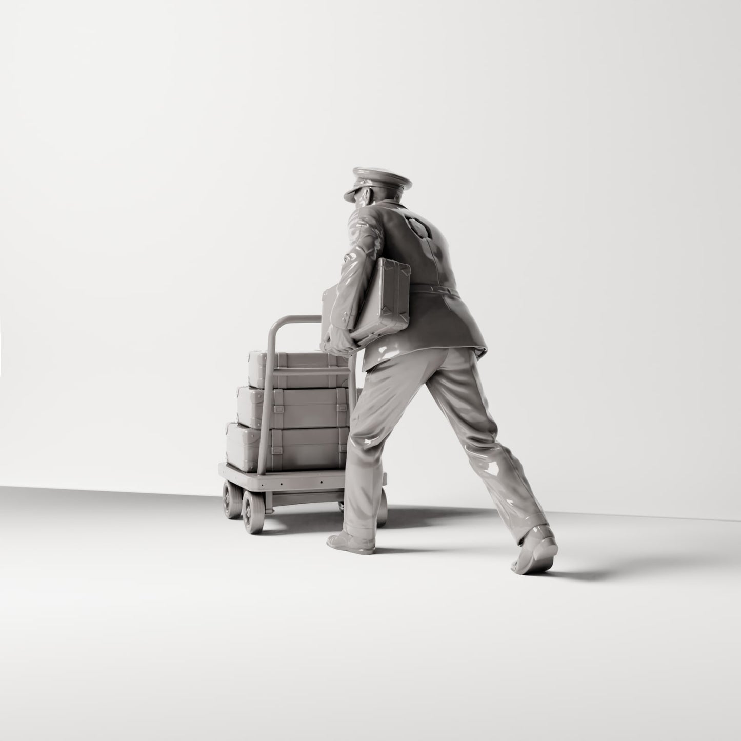 Product photo Diorama 2: Historical diorama figure: Porter with suitcase stack, 1920s train station, with luggage cart (sc02)