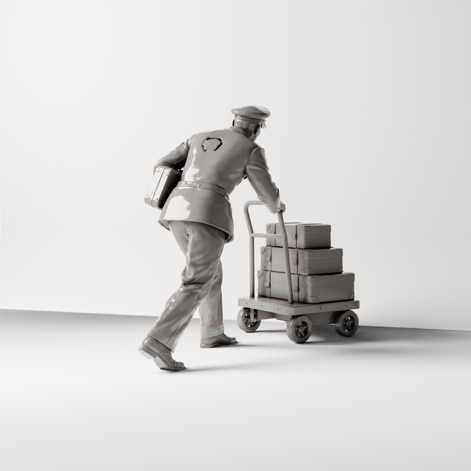 Product photo Diorama 3: Historical diorama figure: Porter with suitcase stack, 1920s train station, with luggage cart (sc02)