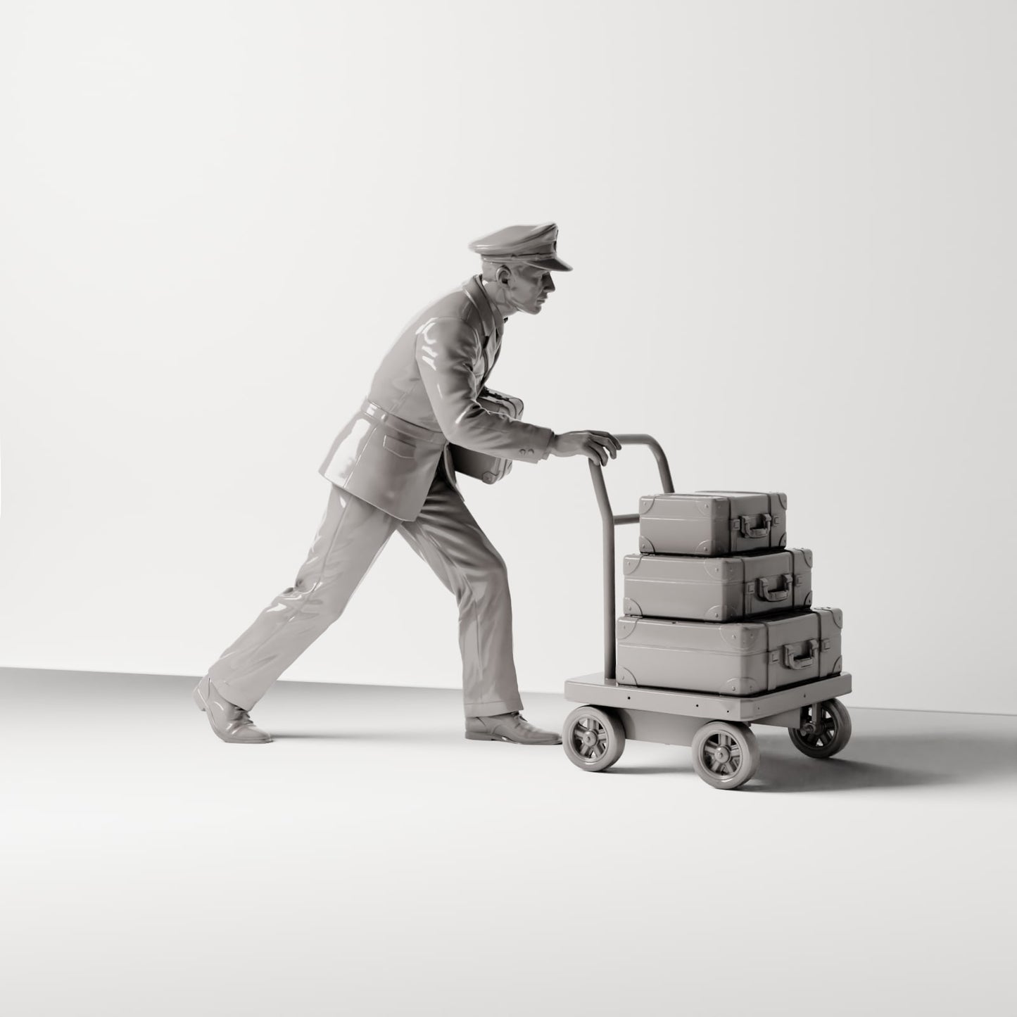 Product photo Diorama 4: Historical diorama figure: Porter with suitcase stack, 1920s train station, with luggage cart (sc02)