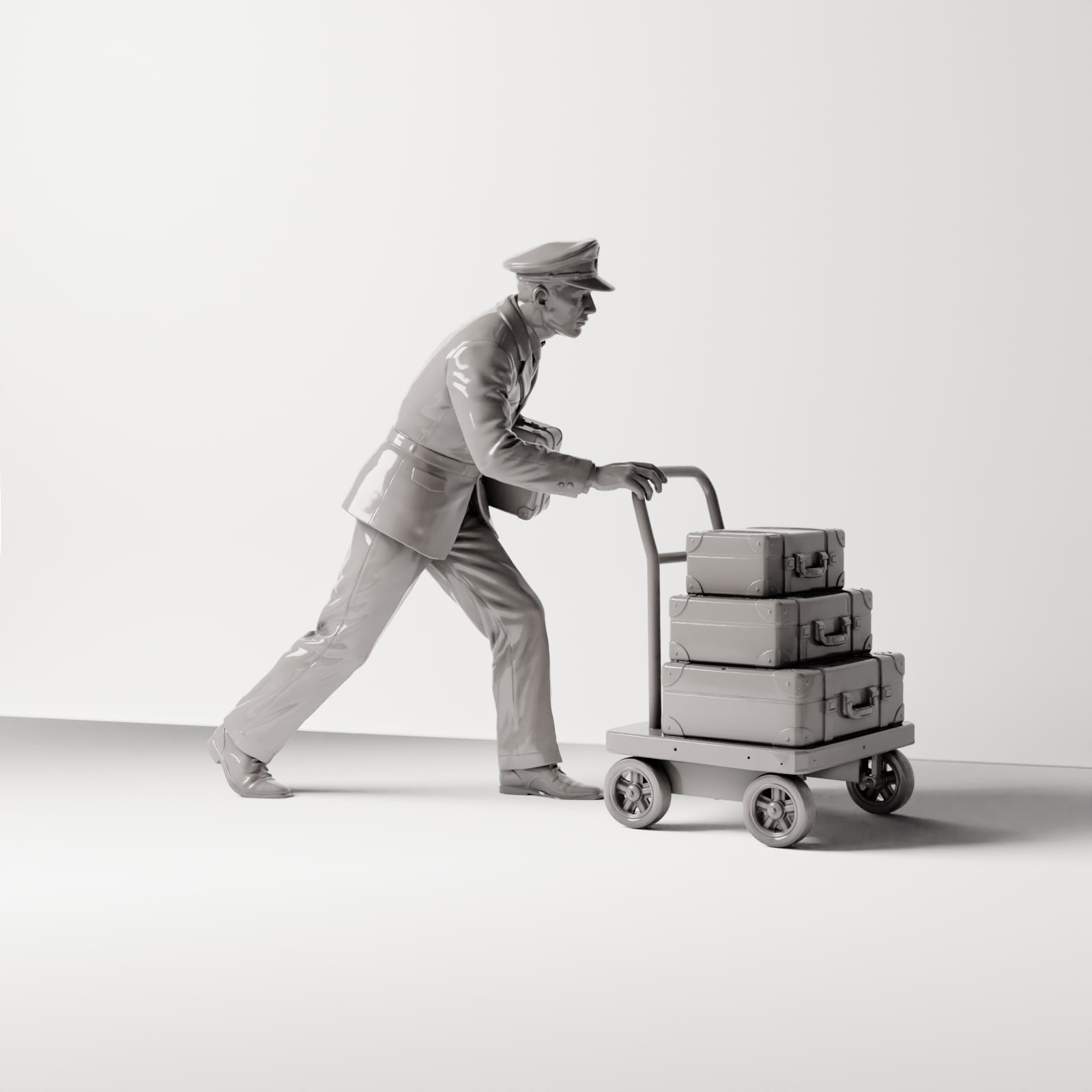 Product photo Diorama 4: Historical diorama figure: Porter with suitcase stack, 1920s train station, with luggage cart (sc02)