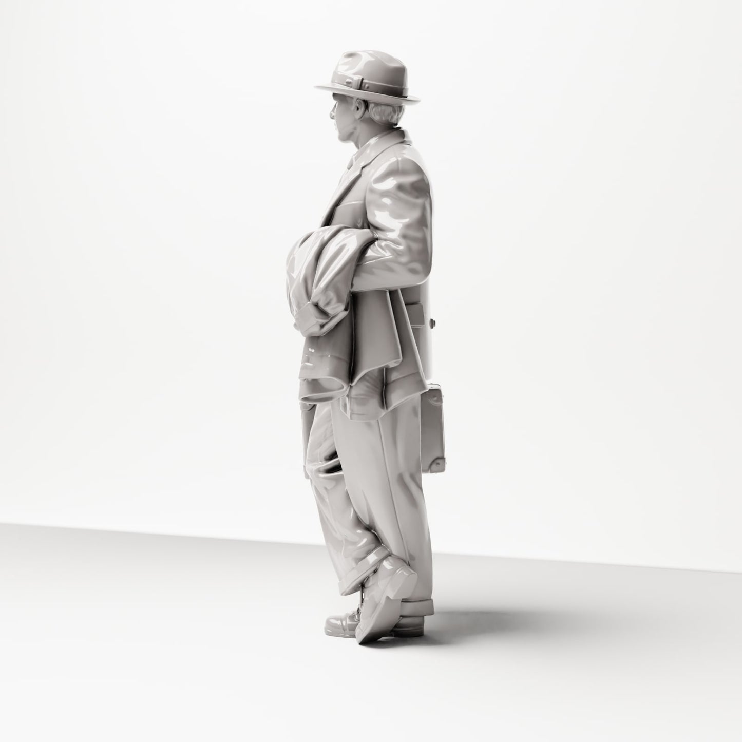 Diorama model building product photo 1: Historical figure: Young traveler in tweed suit with hat, suitcase, coat over arm (sc03)