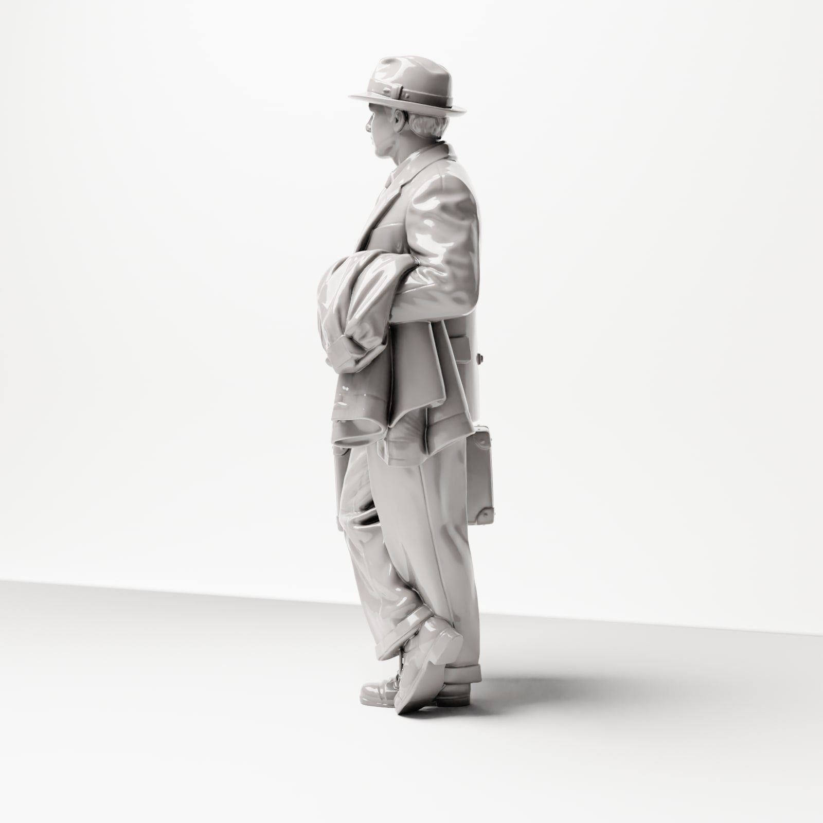 Diorama model building product photo 1: Historical figure: Young traveler in tweed suit with hat, suitcase, coat over arm (sc03)