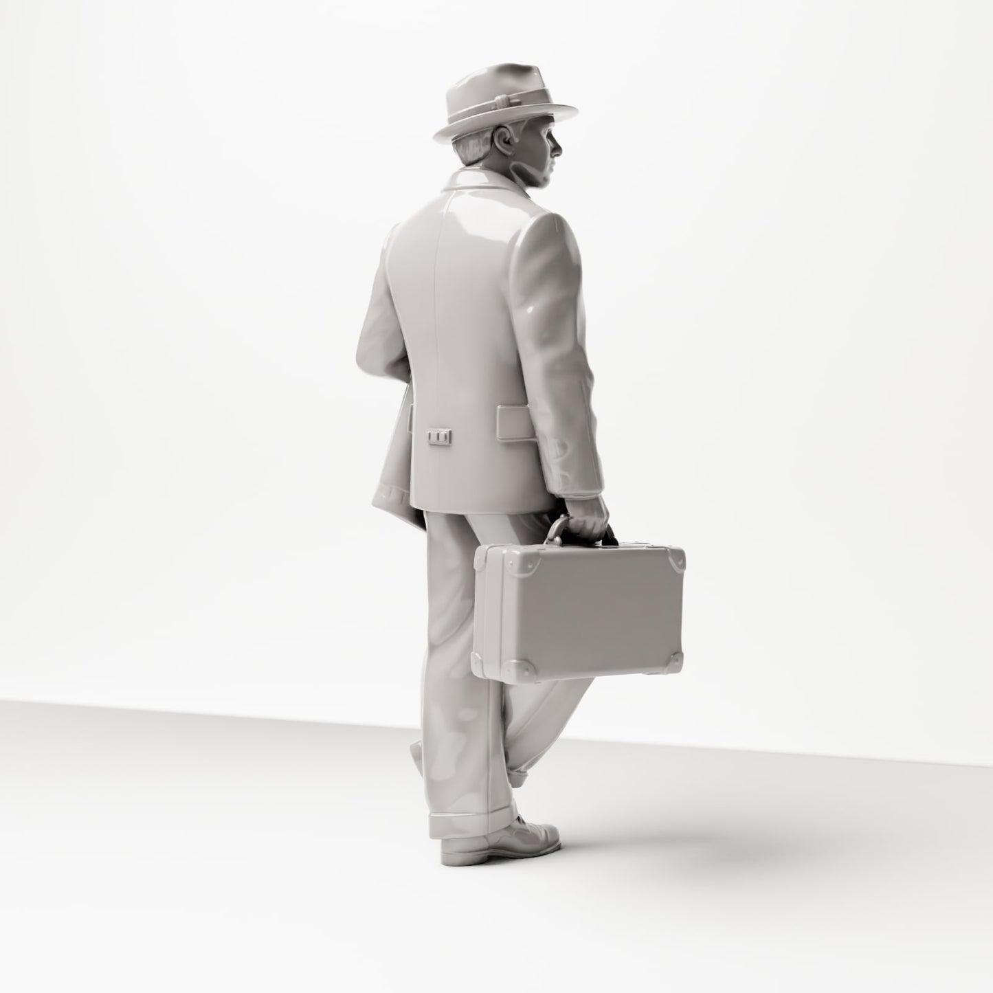 Diorama model building product photo 3: Historical figure: Young traveler in tweed suit with hat, suitcase, coat over arm (sc03)