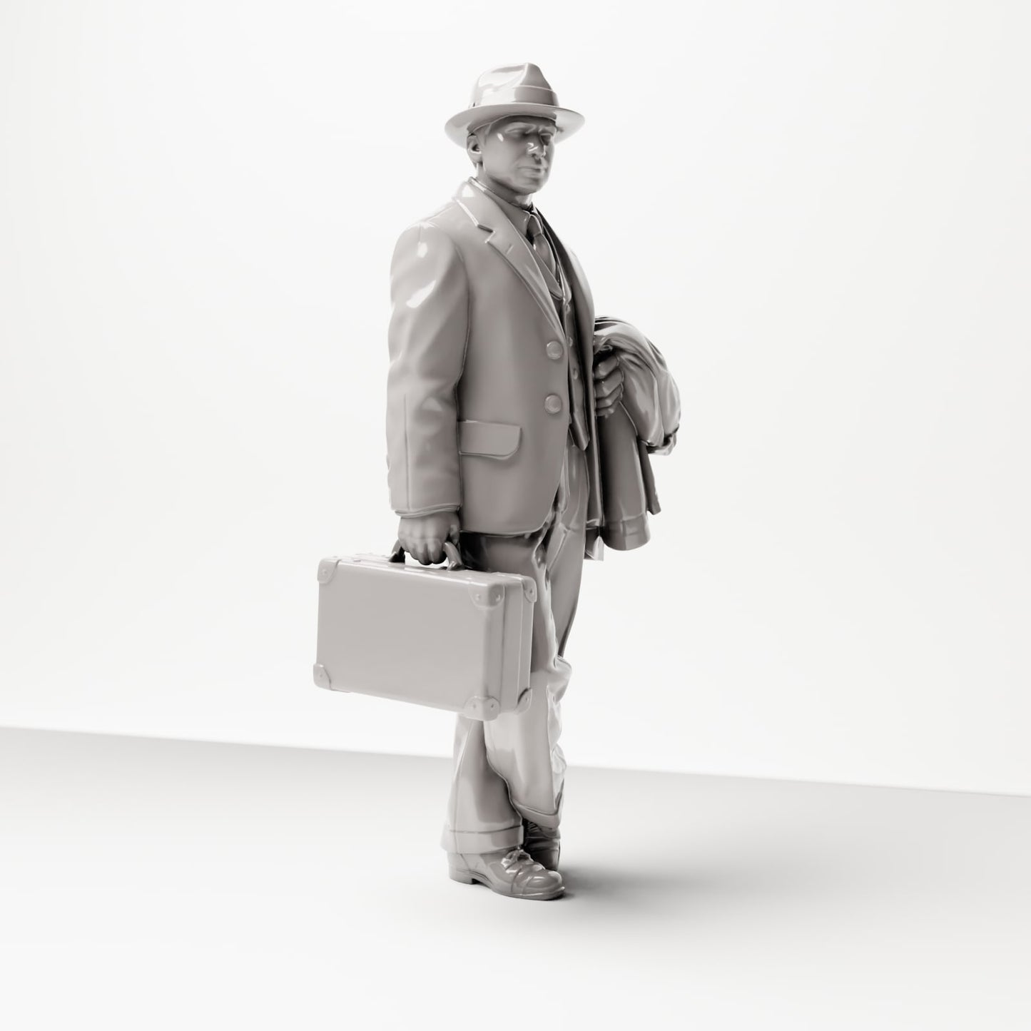 Diorama model building product photo 4: Historical figure: Young traveler in tweed suit with hat, suitcase, coat over arm (sc03)