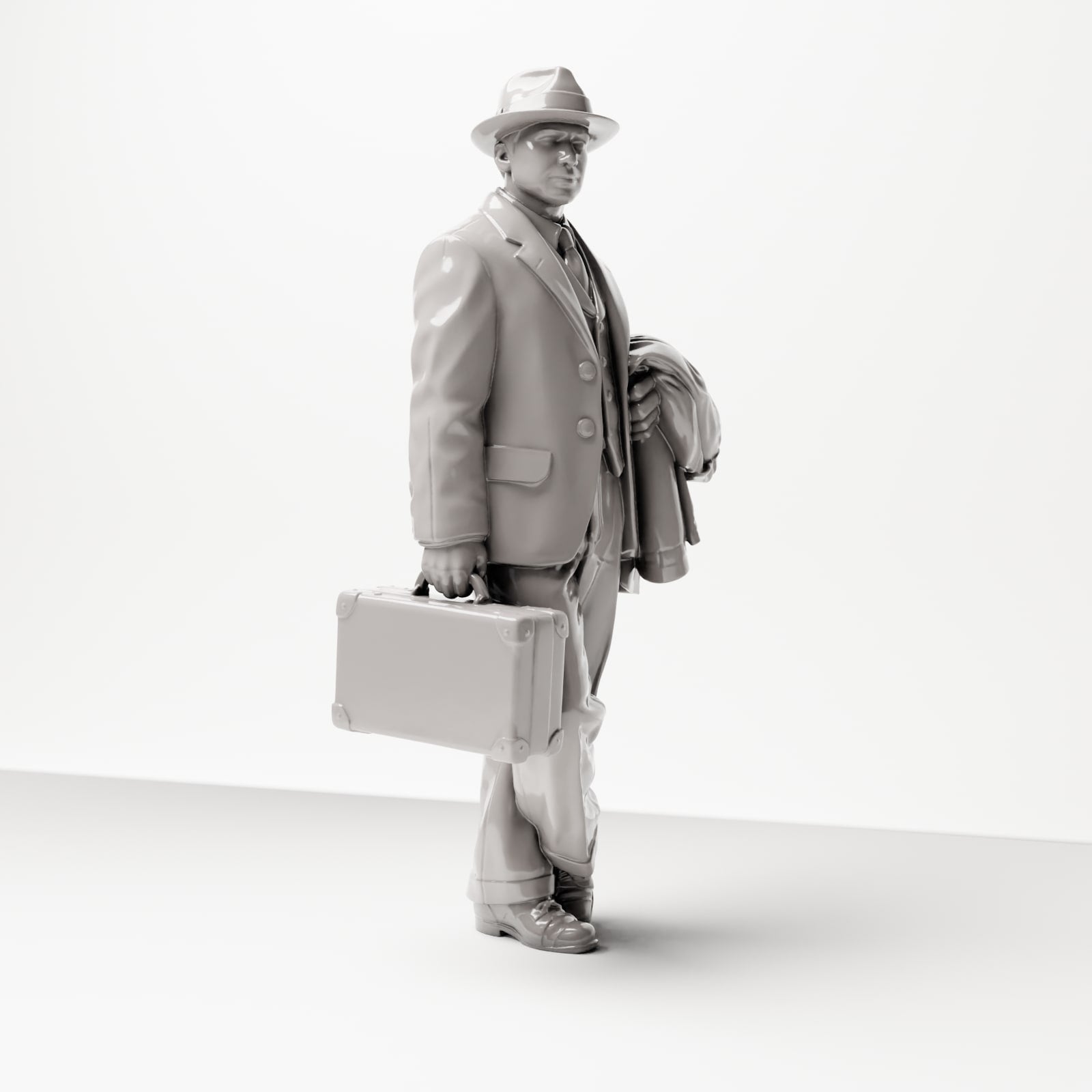 Diorama model building product photo 4: Historical figure: Young traveler in tweed suit with hat, suitcase, coat over arm (sc03)