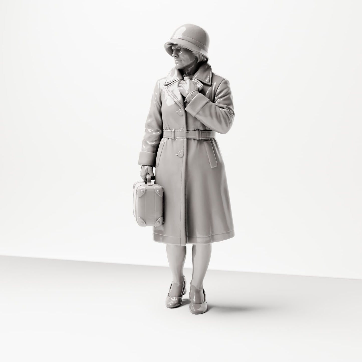 Diorama model building product photo 0: Standing figure: Traveling woman at the platform, late 1920s, coat, hat, small suitcase (sc04)