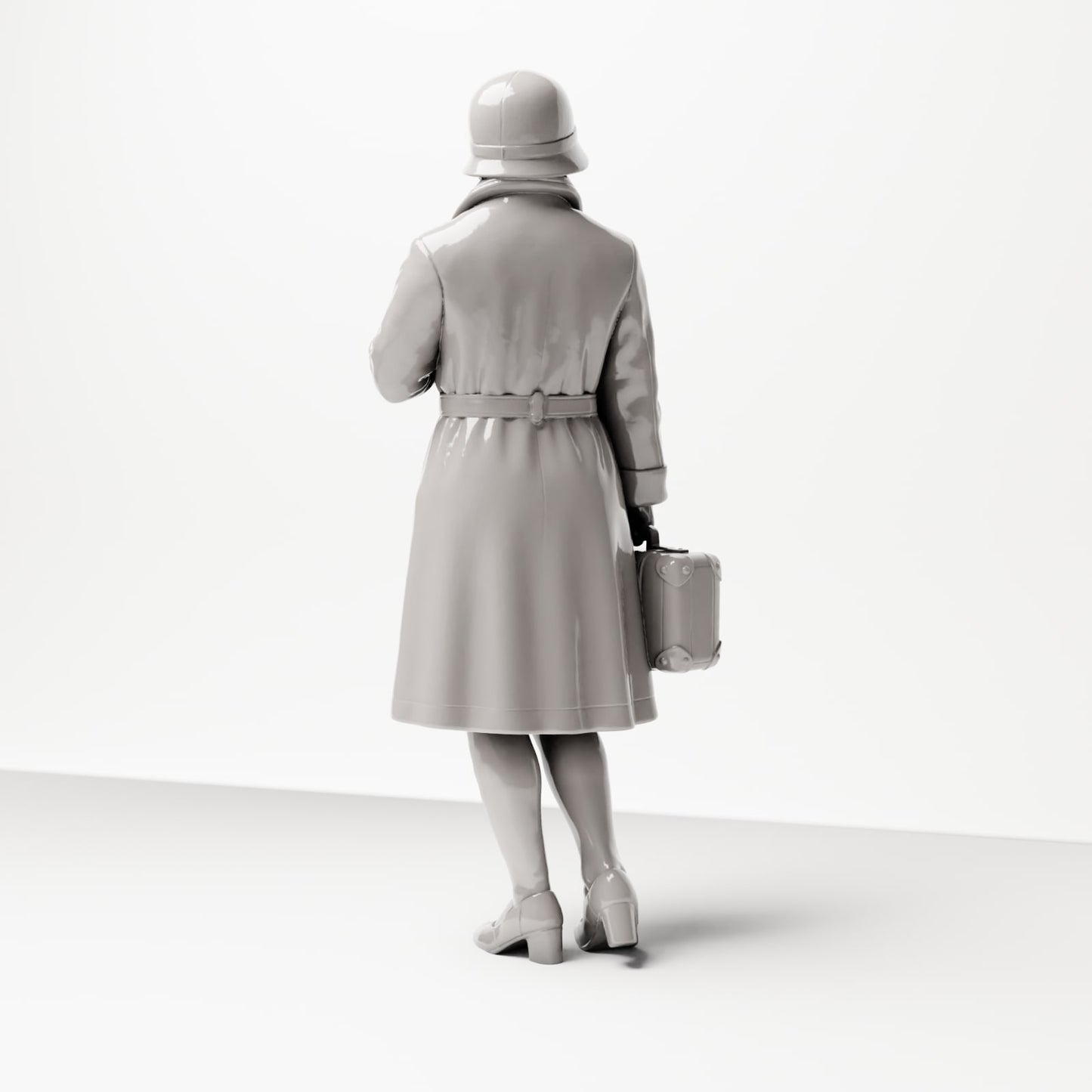Diorama model building product photo 2: Standing figure: Traveling woman at the platform, late 1920s, coat, hat, small suitcase (sc04)