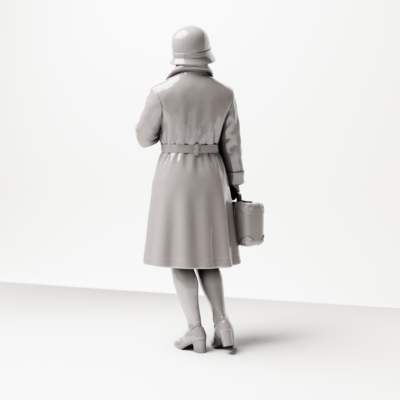 Diorama model building product photo 2: Standing figure: Traveling woman at the platform, late 1920s, coat, hat, small suitcase (sc04)