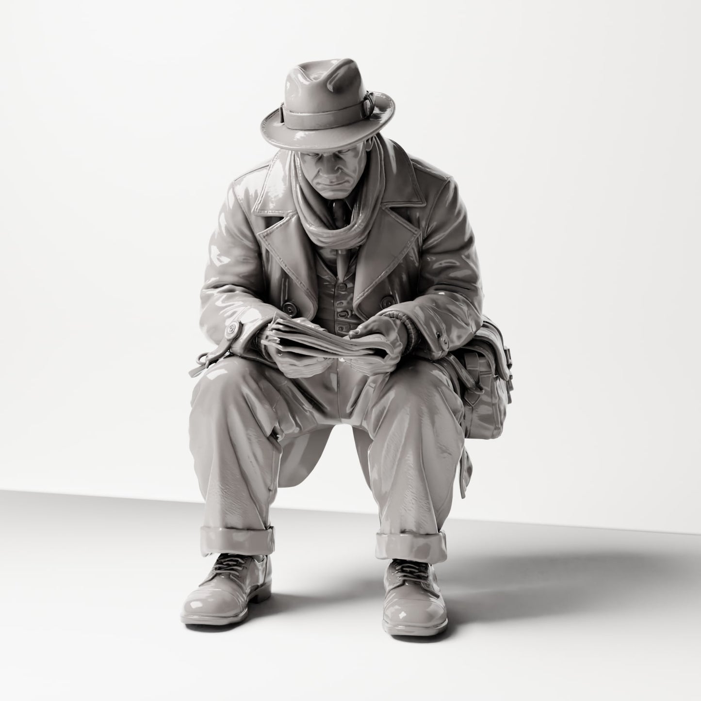 Diorama model building product photo 0: Sitting figure: man sitting on bench edge, 1920s traveler with newspaper and shoulder bag (sc07)