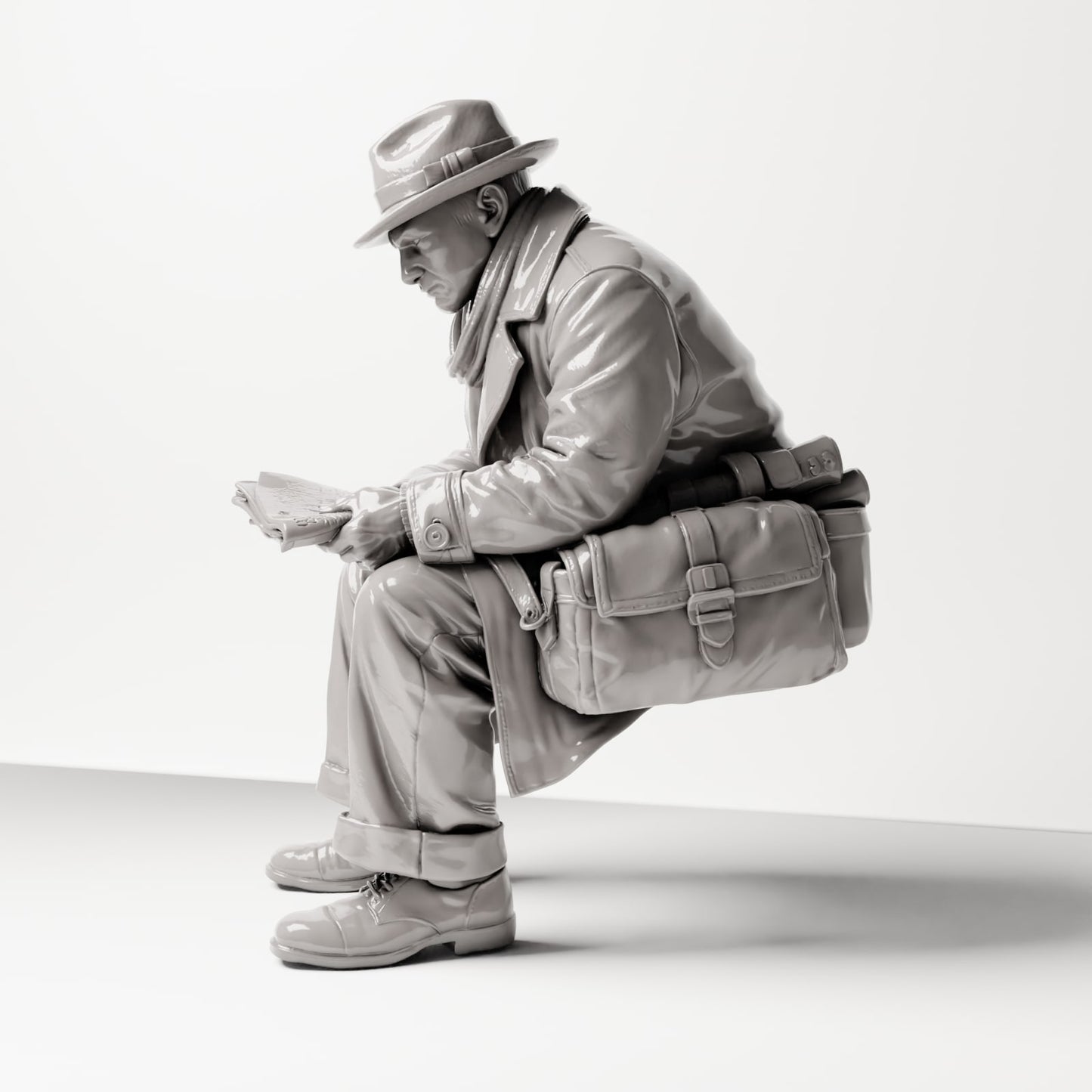 Diorama model building product photo 1: Sitting figure: Man sitting on bench edge, 1920s traveler with newspaper and shoulder bag (sc07)
