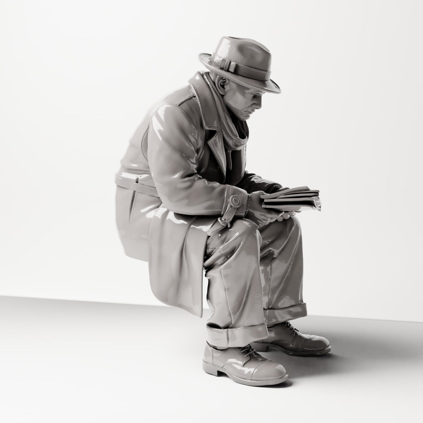 Diorama model building product photo 4: Sitting figure: man sitting on bench edge, 1920s traveler with newspaper and shoulder bag (sc07)