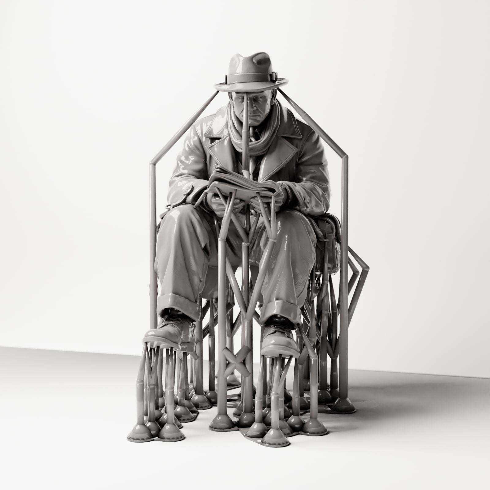 Scenework Zusatzbild 06: Sitzende Figur: Mann sitzend auf Bankkante, 1920er Reisender mit Zeitung und Umhängetasche (sc07)