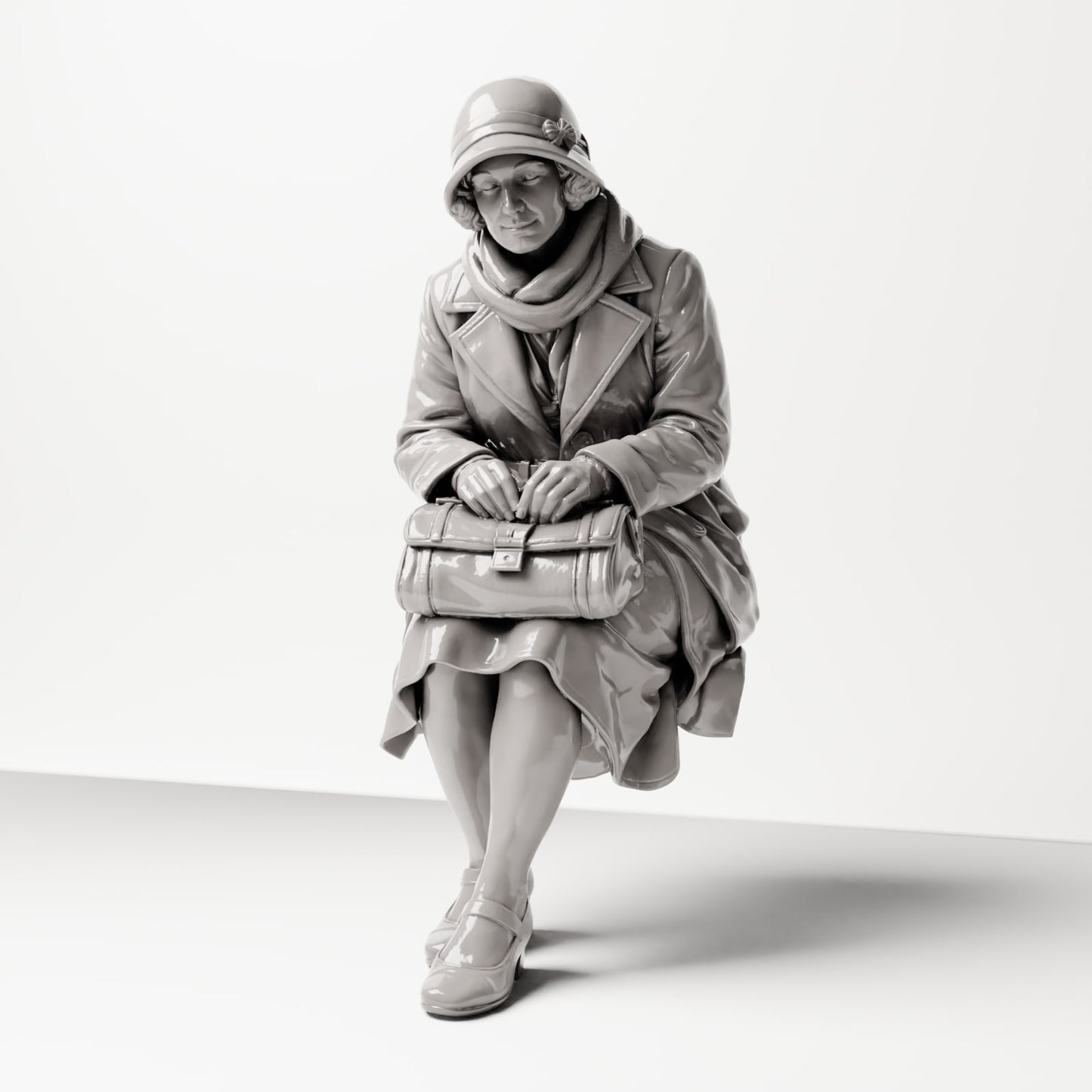 Diorama model building product photo 0: Sitting figure: Woman sitting on bench edge with handbag, 1920s-1930s, waiting room, train station (sc08)