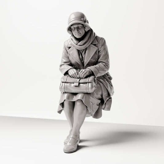 Diorama model building product photo 0: Sitting figure: Woman sitting on bench edge with handbag, 1920s-1930s, waiting room, train station (sc08)