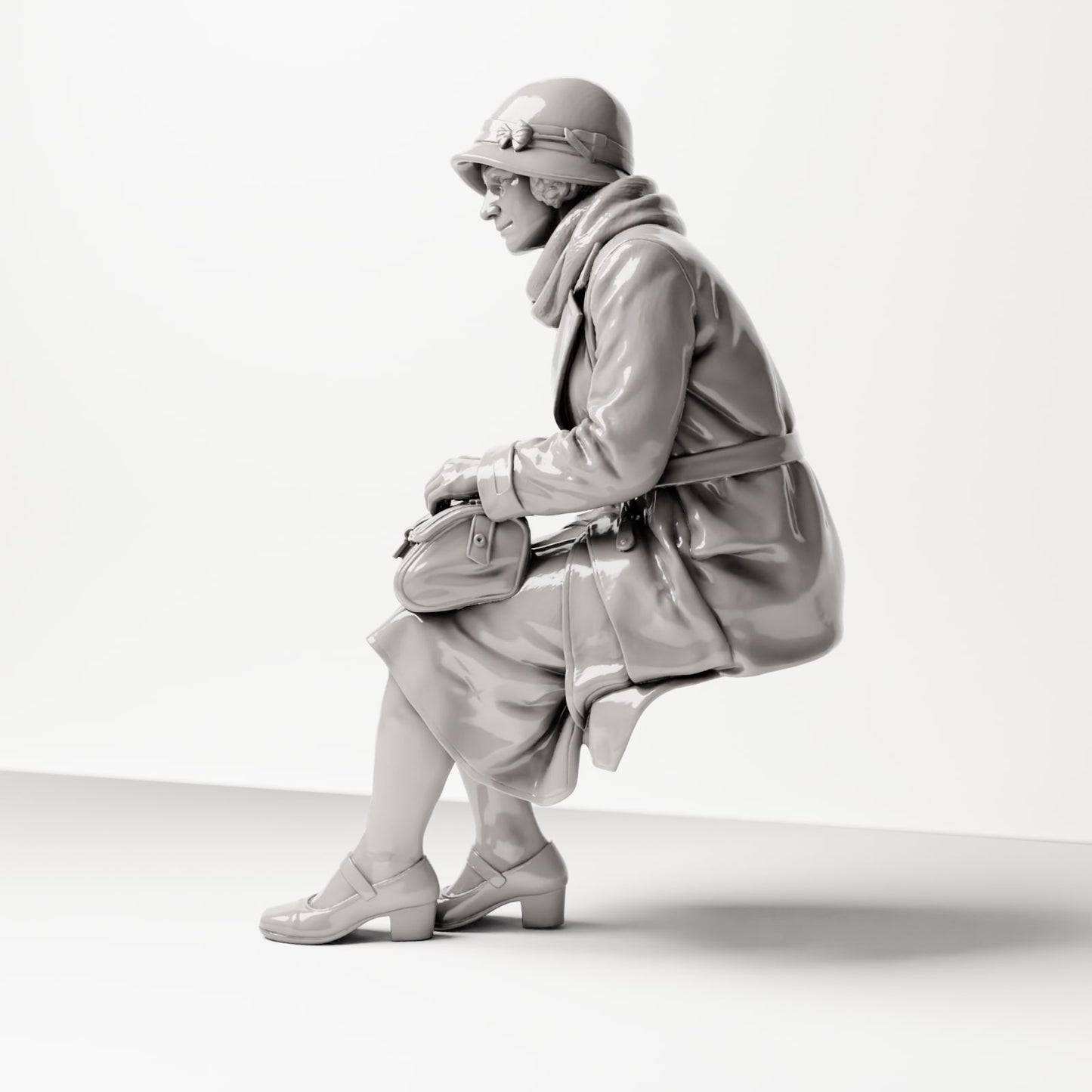 Diorama model building product photo 1: Sitting figure: Woman sitting on bench edge with handbag, 1920s-1930s, waiting room, train station (sc08)