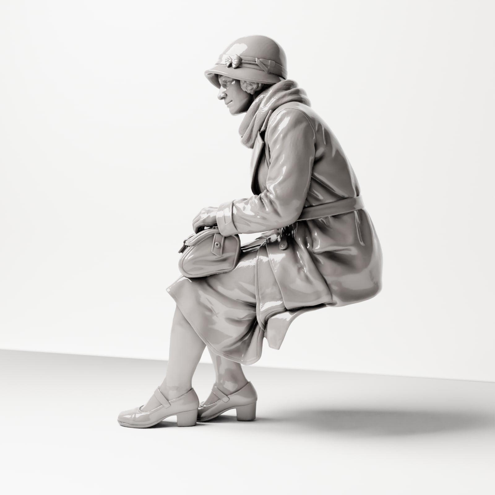 Diorama model building product photo 1: Sitting figure: Woman sitting on bench edge with handbag, 1920s-1930s, waiting room, train station (sc08)