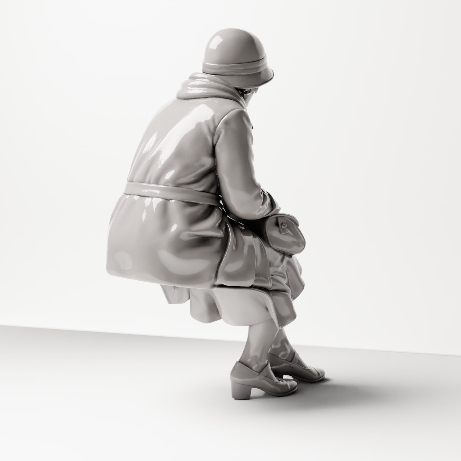 Diorama model building product photo 3: Sitting figure: Woman sitting on bench edge with handbag, 1920s-1930s, waiting room, train station (sc08)