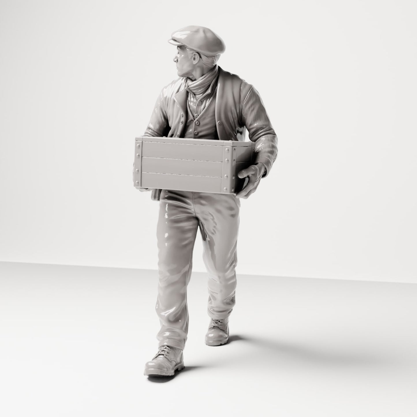 Diorama Modellbau Produktfoto 0: Historische Diorama Figur: Stevedore/Hafenarbeiter mit Holzkiste vor dem Bauch (sc12)