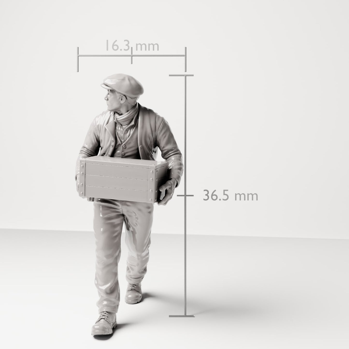 Diorama Modellbau Produktfoto 6: Historische Diorama Figur: Stevedore/Hafenarbeiter mit Holzkiste vor dem Bauch (sc12)