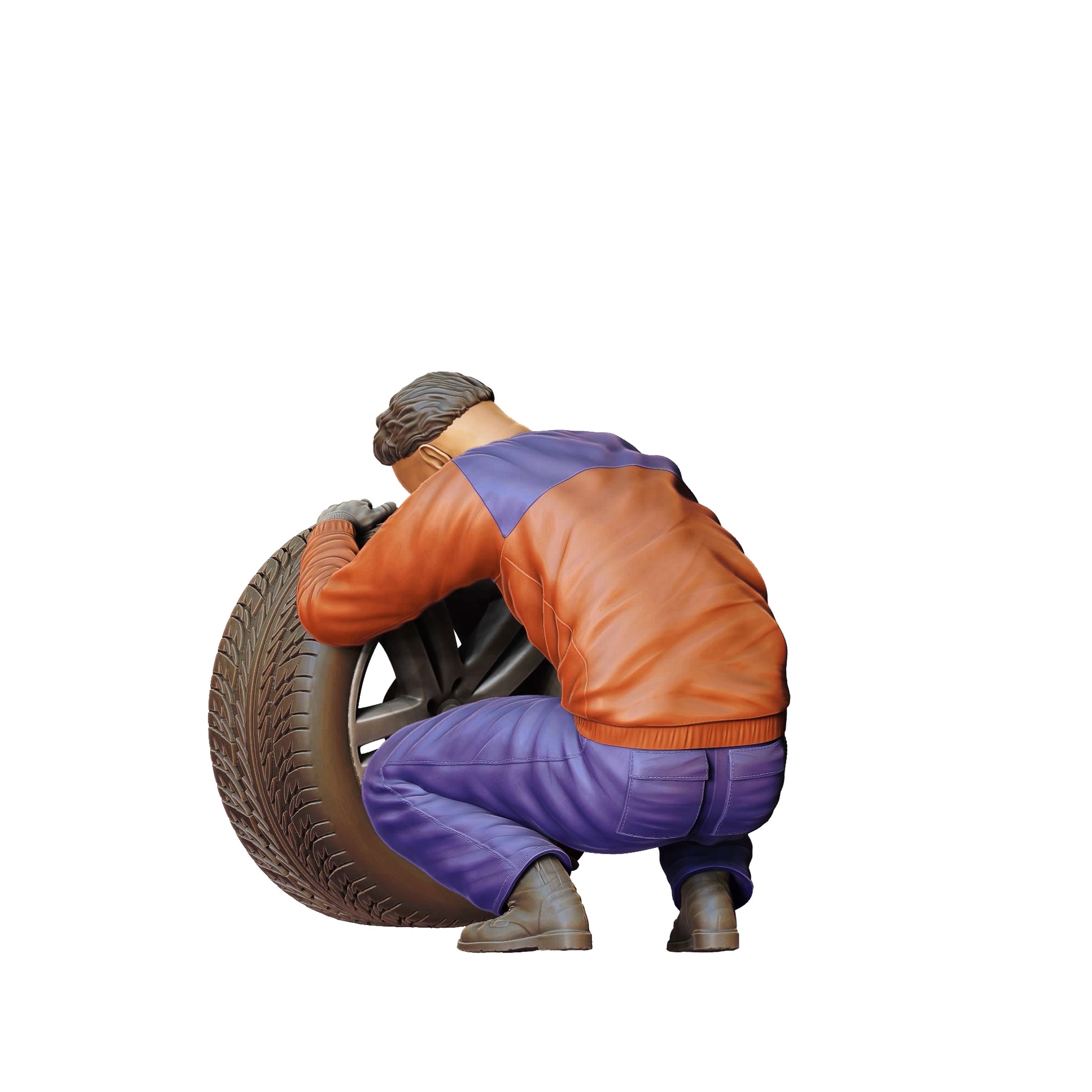 Product photo 0: Mechanic kneeling: Tire change in the auto repair shop