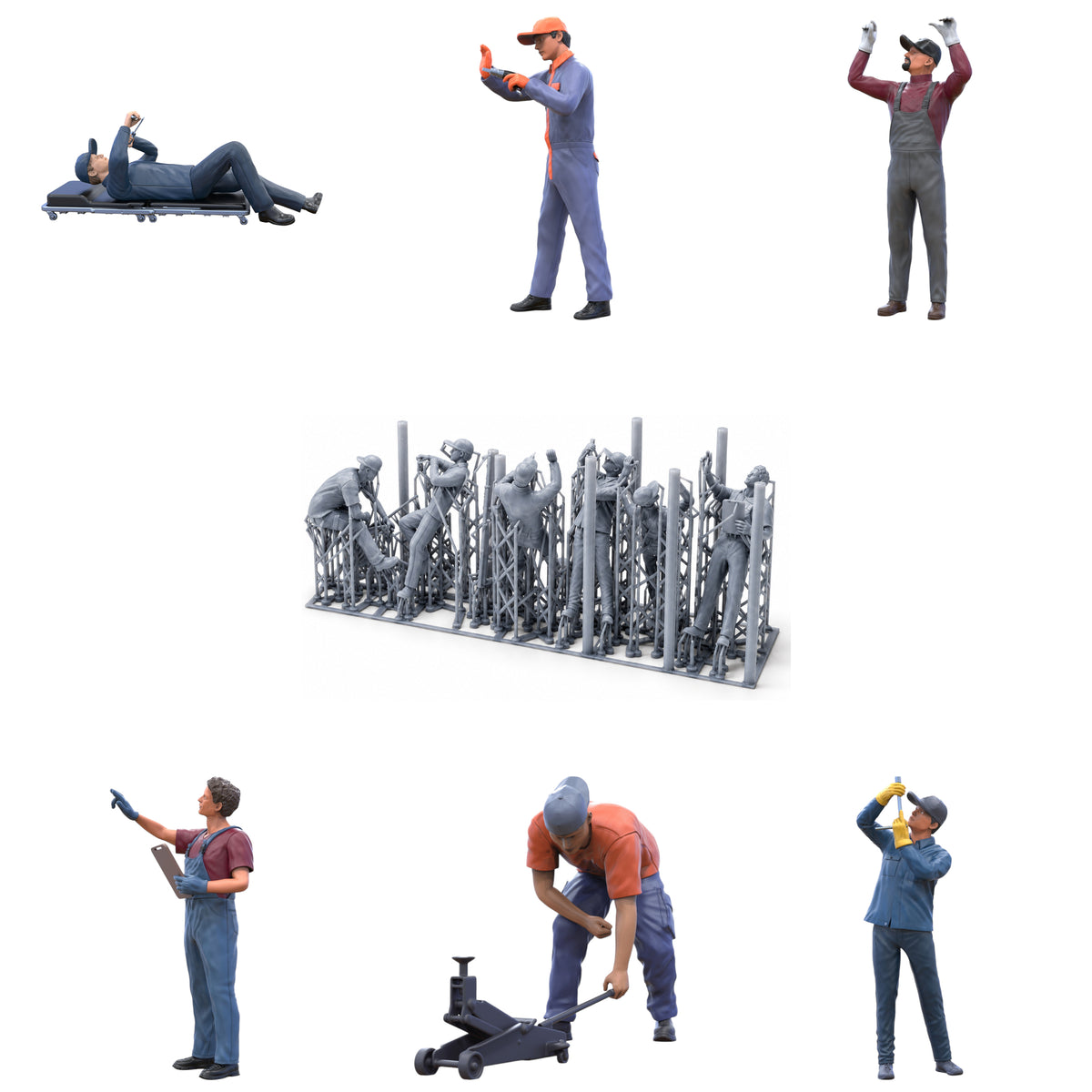 Product photo diorama and model building miniature figure: Mechanic set, 6 figures