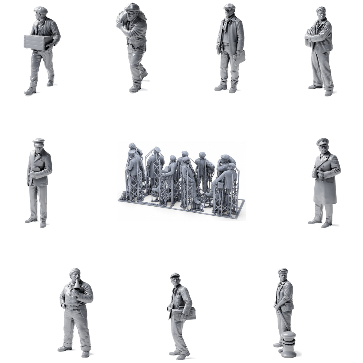 Historical harbor and dock workers - 9 unpainted resin figures in open view