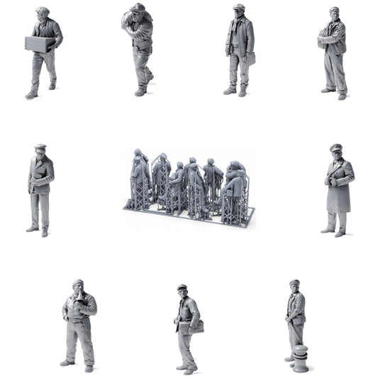 Historical harbor and dock workers - 9 unpainted resin figures in open view