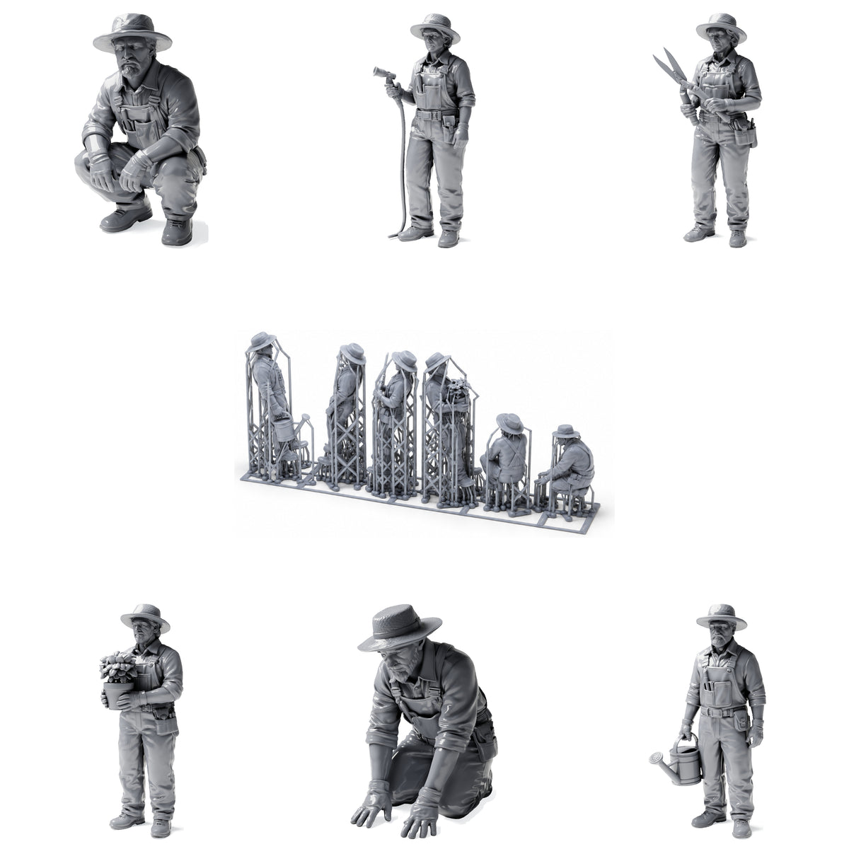 Gardener, gardening and country life - 6 unpainted resin figures in open view