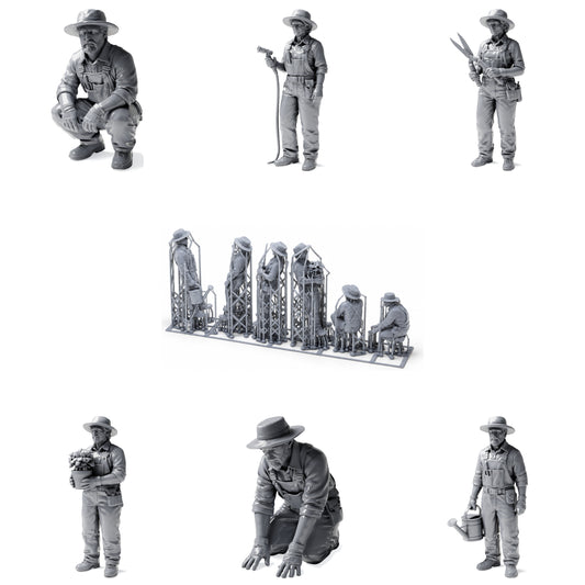 Gardener, gardening and country life - 6 unpainted resin figures in open view
