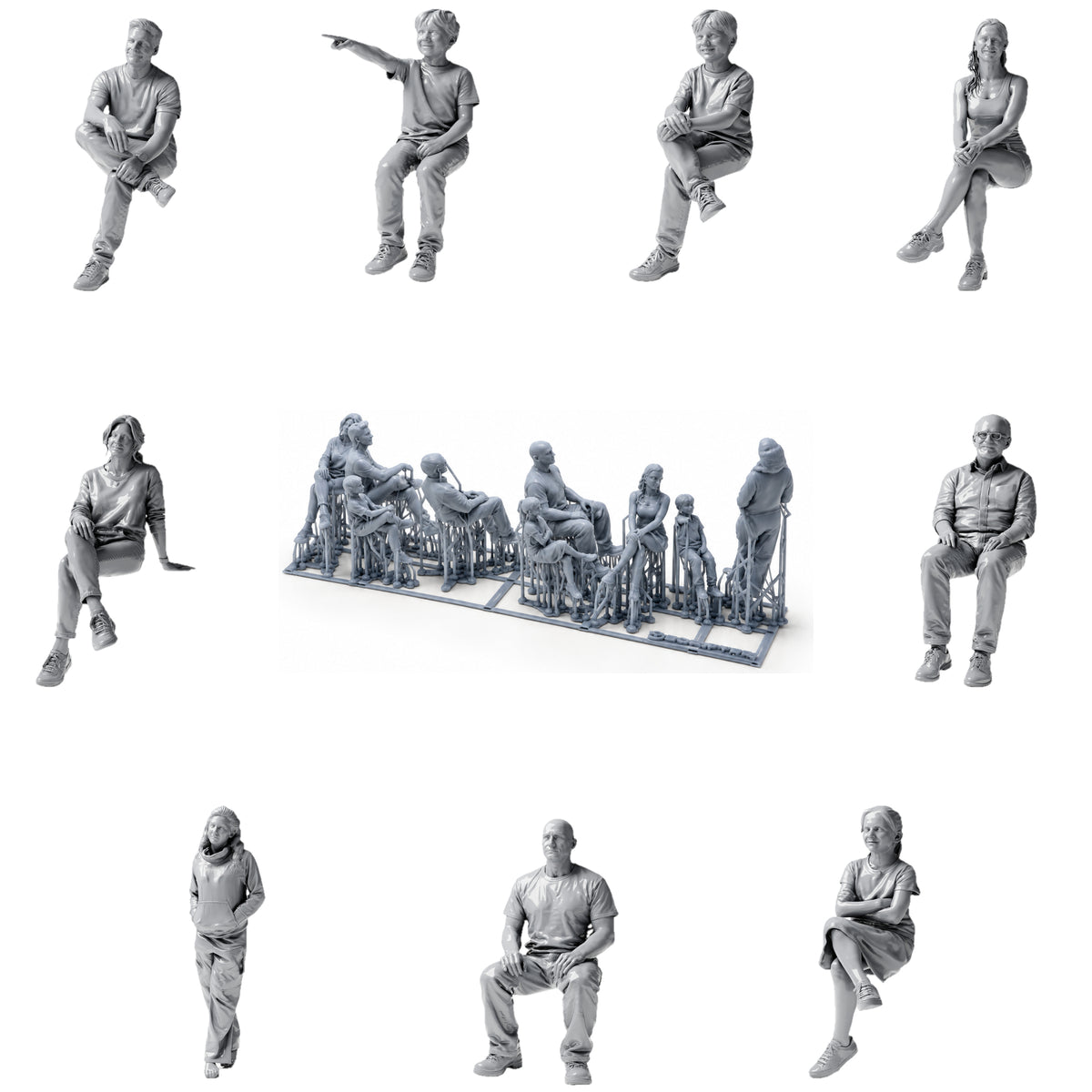 Seated figures and bystanders - 9 unpainted resin miniatures in an open overview